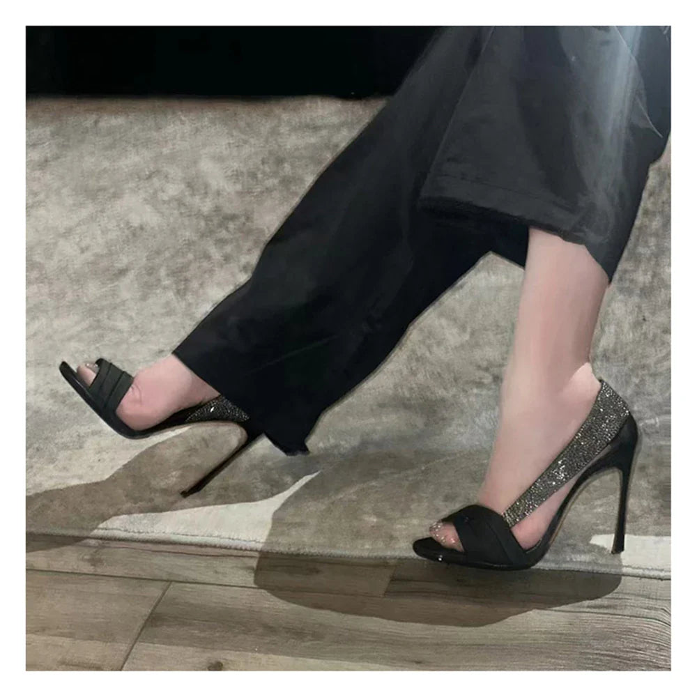 and pointed fish mouth rhinestone lace-trimmed hollow single shoes high-heeled banquet dress sandals