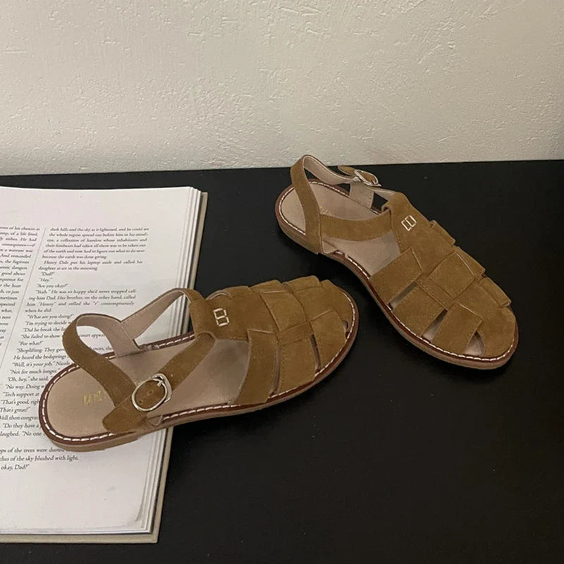 Roman Sandals Flat Retro Real Leather Sandals Hollowed Cage Shoes
