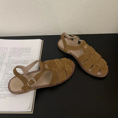 Roman Sandals Flat Retro Real Leather Sandals Hollowed Cage Shoes