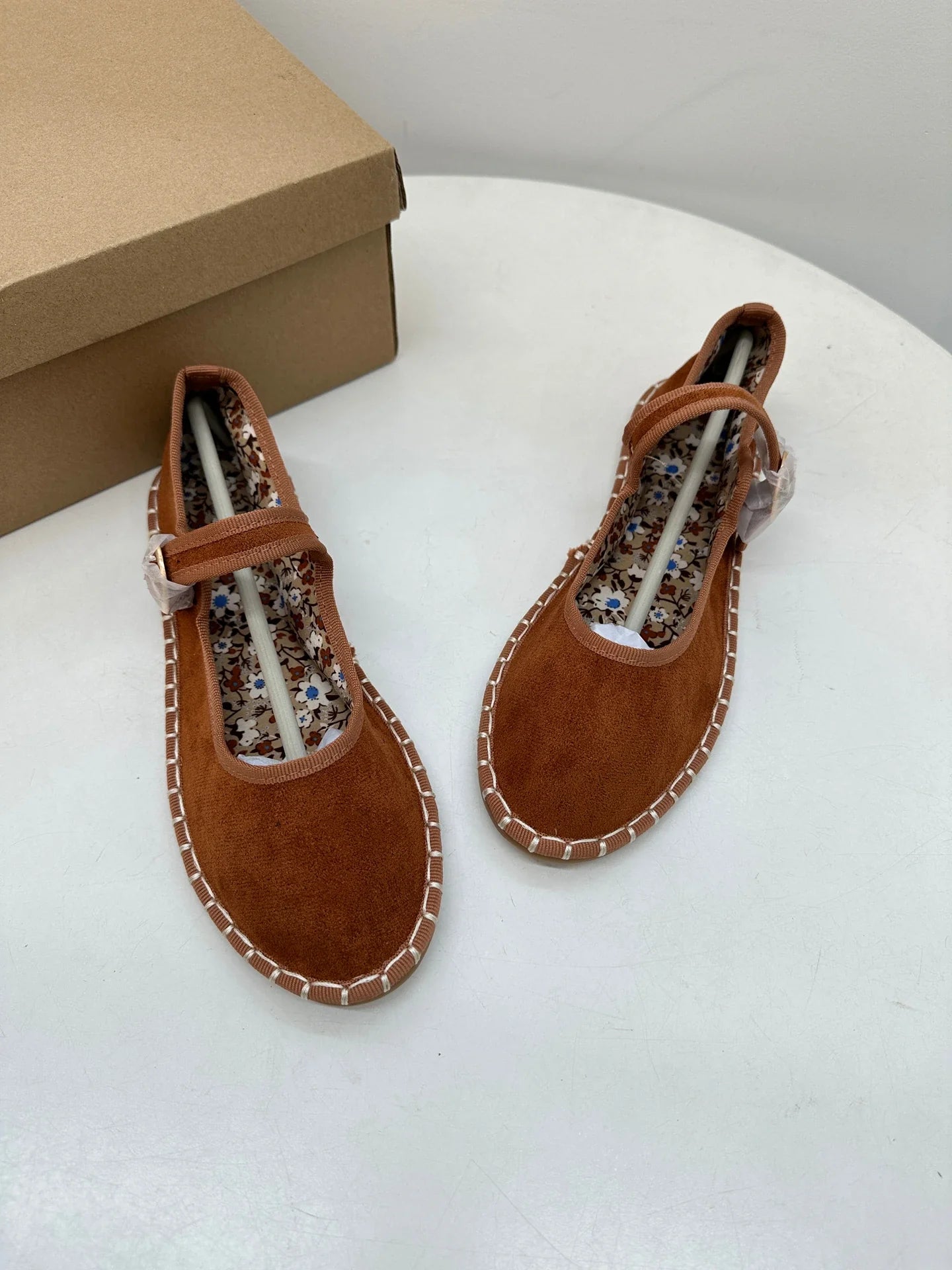 Floral Print Insole Velvet Flats Shoes Hand Stitching Elegant Mary Jeans Shoes Round Toe Ballets Flats Footwear