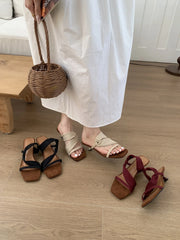 Low Shoes Rome PU Fabric Hoof Heels Silk Low Shoes Hoof Heels Silk Rome Fabric