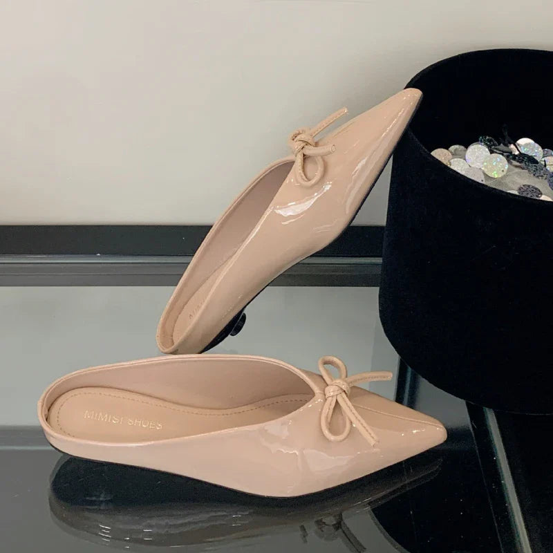 Slippers Bowknot Pointed Toe Heels Elegant Non-slip Mule Shoes Zapatos De Mujer