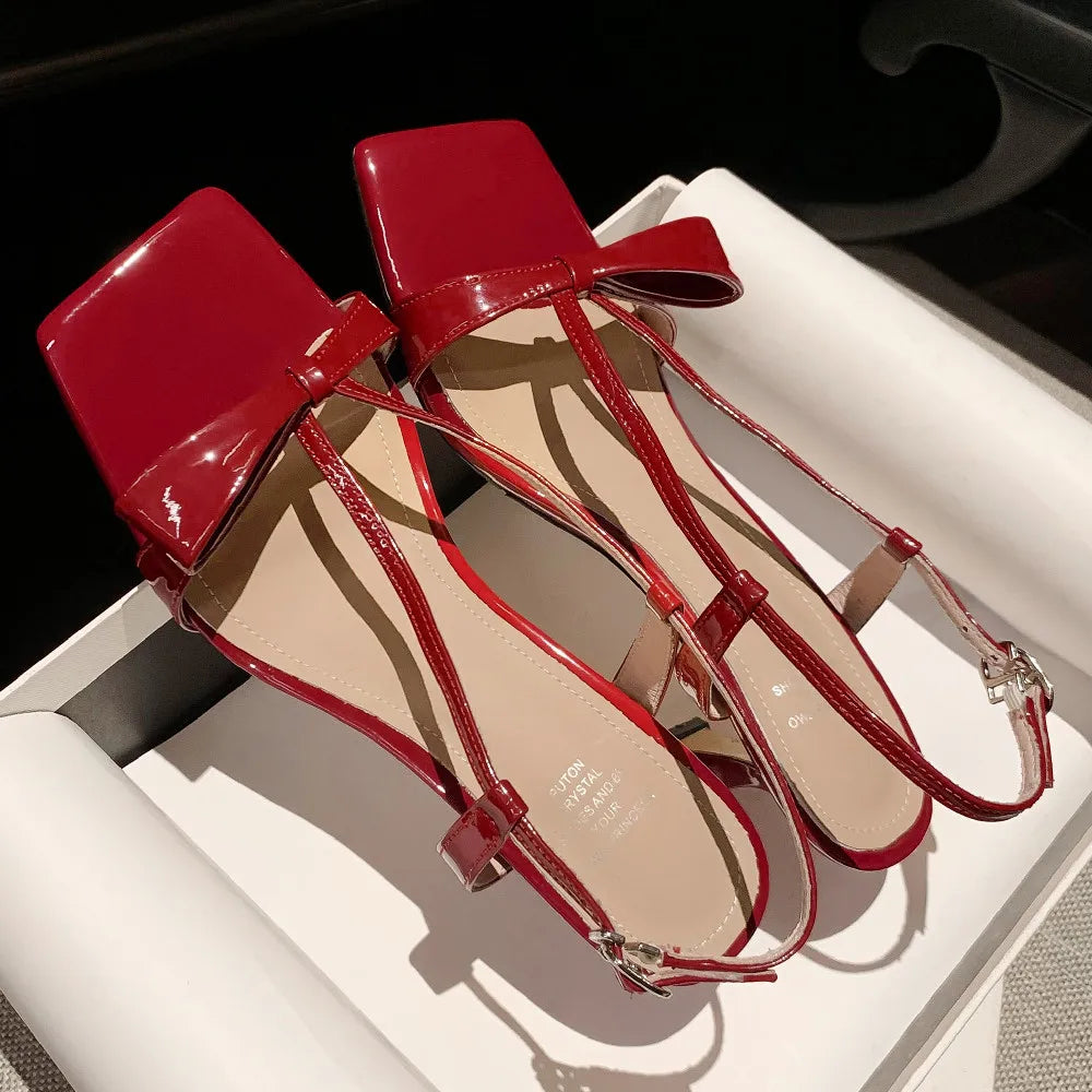 Patent Leather Narrow Band Thin High Heel Cross Strap Sweet Bowtie Sandals Elegant Pumps Shoes