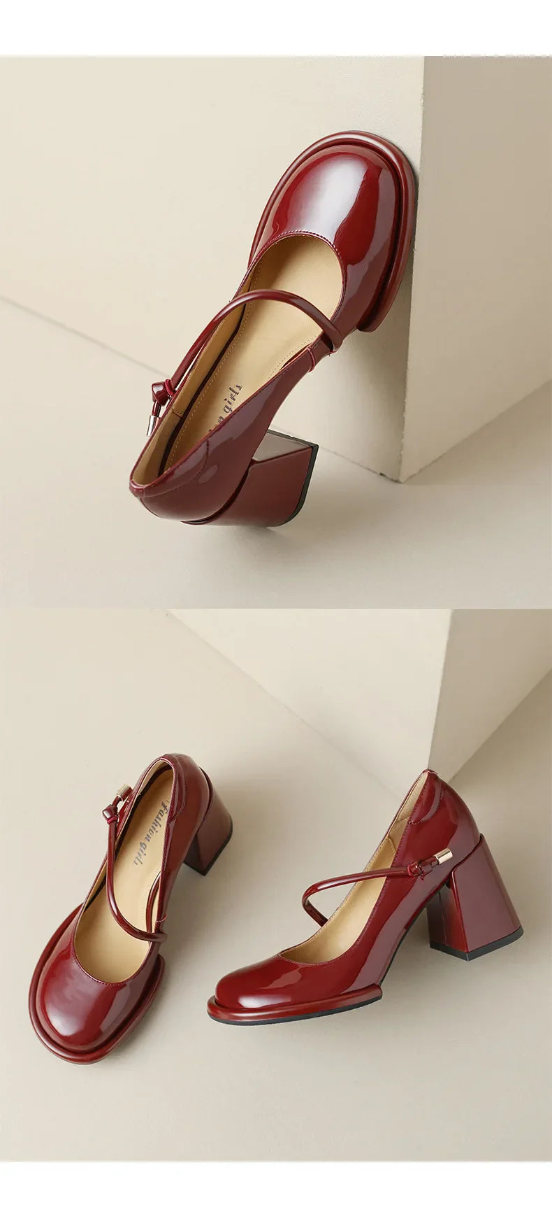 Mary Janes Shoes Vintage Pumps Patent Leather Shoes High Heels Black Shallow Boat Shoe Zapatos Mujer