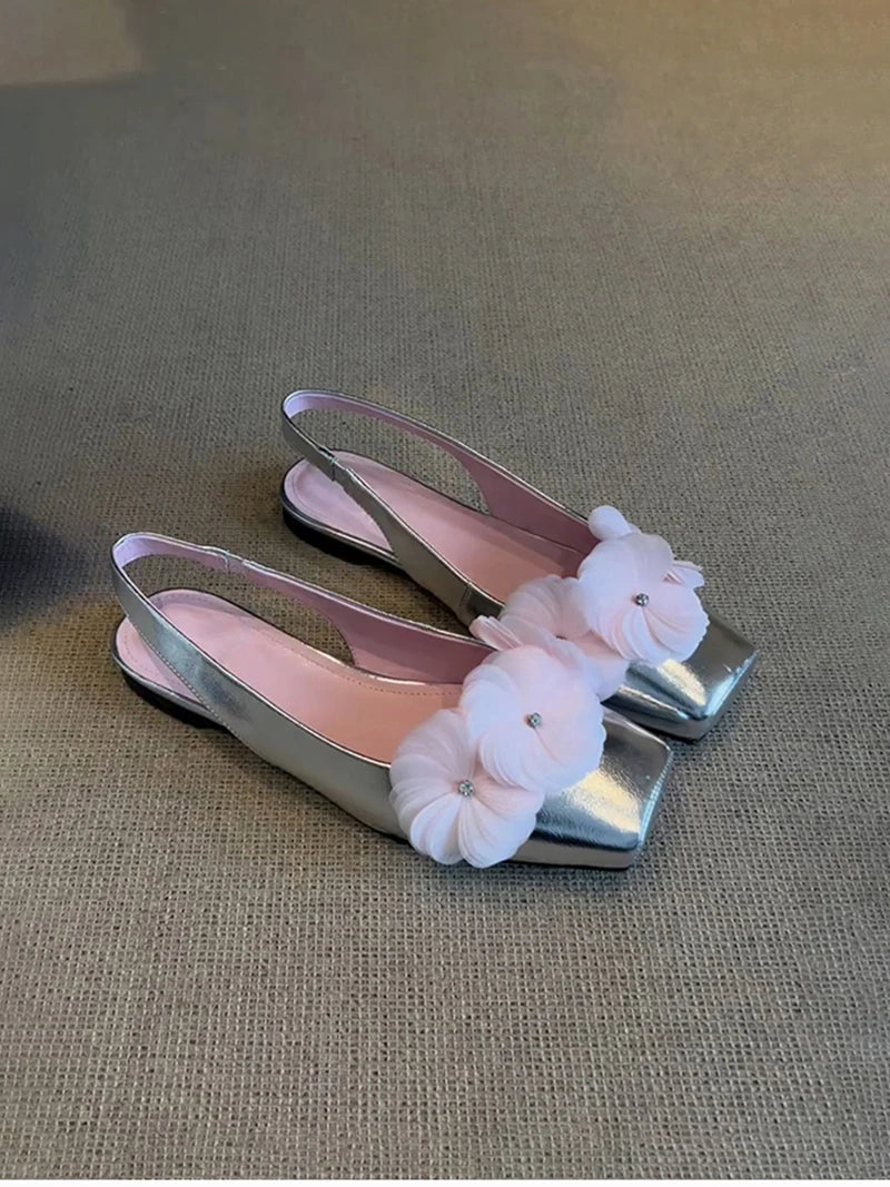 Flower Mules Sandals Square Toe Slip On Singbacks Shoes Elegant Dress Flats Sandalias