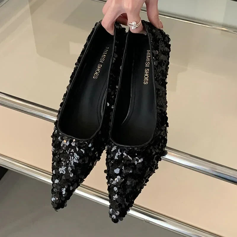 Bling Pumps Footwear Pointed Toe Shallow Low Heel Comfort Elegant High Heels Zapatos De Mujer