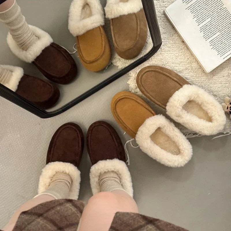 Vintage Fleece Lined Flats Shoes Concise Shallow Slip On Shoes Elegant Keep Warm Snow Shoes