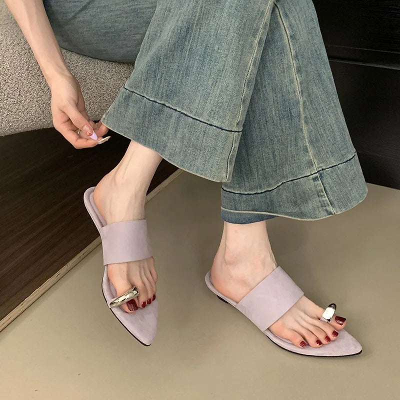 Metal Wedges Slippers Slides Sandals Flip flops Pointed Toe Heeled Slippers Wedges Shoes