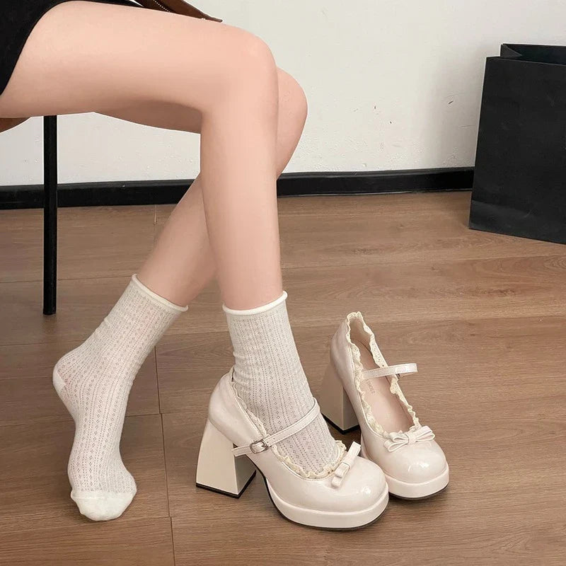Platform High Heel Mary Jane Shoes Butterfly-knot Lace Shoes 2026 Wedding Party Shoes