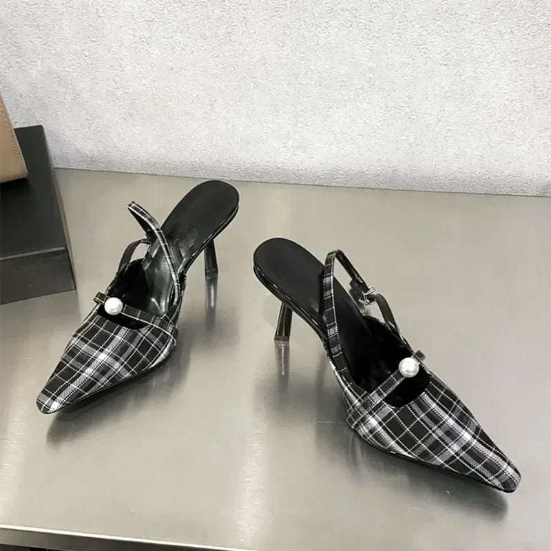 Pointed Toe Retro Plaid High Heels Elegant Slingbacks Shoes Office Sandalias De Mujer