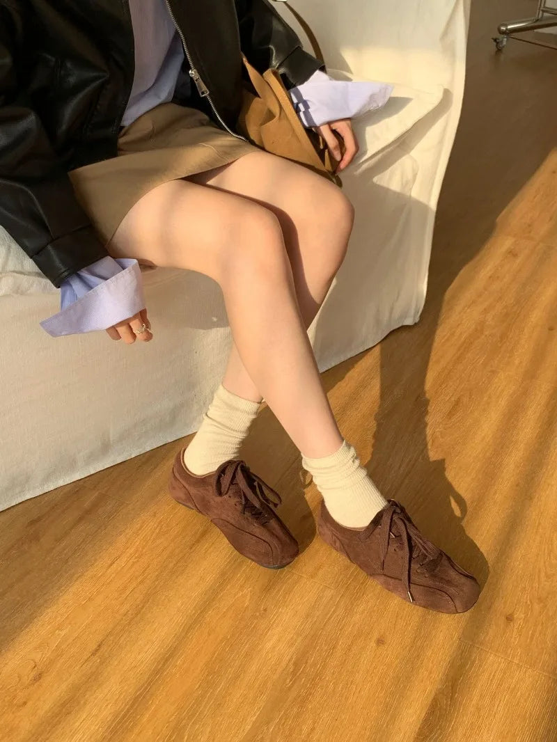 Retro Lace Up Flat Shoes Coyz Square Toe Ballet Sneakers Lightweight Non-Slip Outdoor Walking