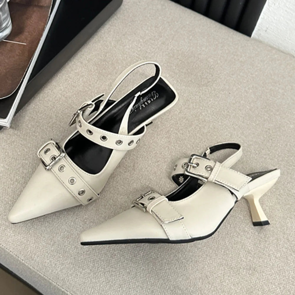 Pumps Belt Buckle Pointed Toe Black High Heel Mule Slides Half Slipper