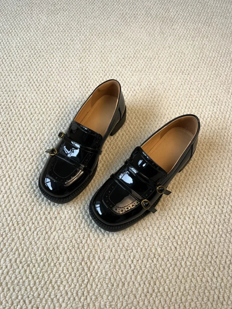 High Quality Patent Leather Loafers Double Narrow Band Buckle Shoes Retro British Style Zapatos De Mujer