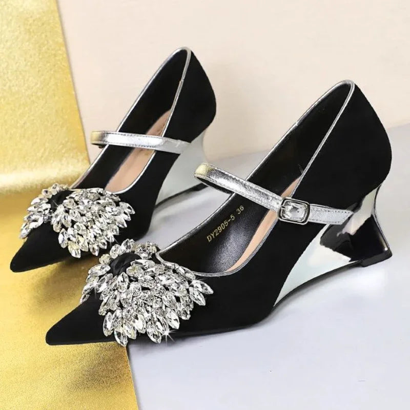 Rhinestone Design Wedge Shoes Shallow Elegant Pointed Toe Pumps Diamond Butterfly-knot High Heels Zapatos De Mujer