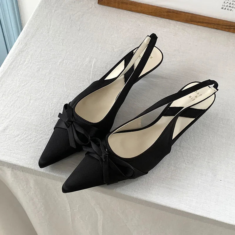Butterfly-Knot Medium Heels Pumps Shoes Slingbacks Footwear Shallow Thin Heels Shoes Sandals