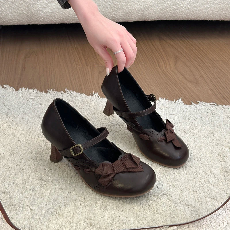 Thick Heel Mary Jane Shoes Butterfly-knot Buckle Strap Shoes Dress Pumps