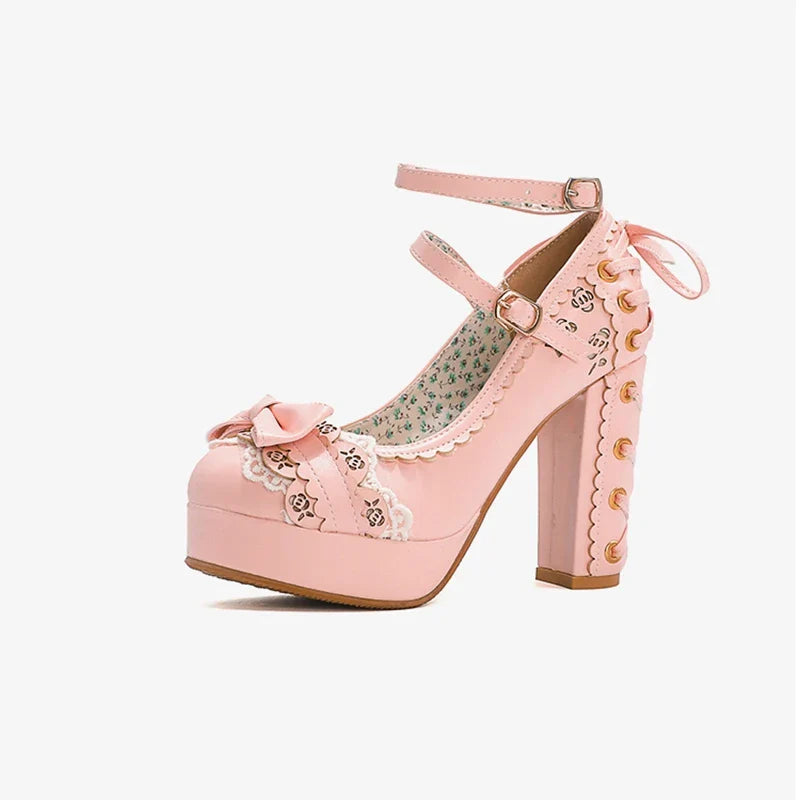 2.5 Platform Cute Bow Lace Princess Lolita Shoes Party 10cm High Heel Buckle Big size 43