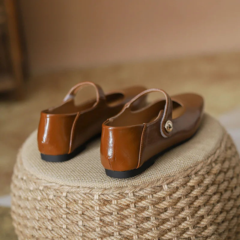Square Toe Brown leather mary janes shoes woman retro ankle strap flats shallow mouth moccasins comfy ballerina shoes