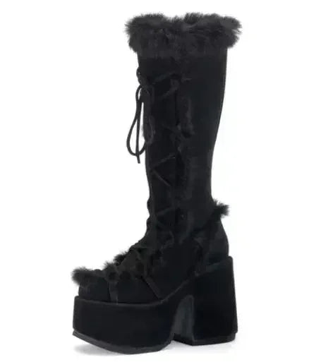 Snow Boots Platform Wedge High Heel Faux Fur Lady Shoes Plush Warm Non-slip Mid Calf Boots Goth Shoes