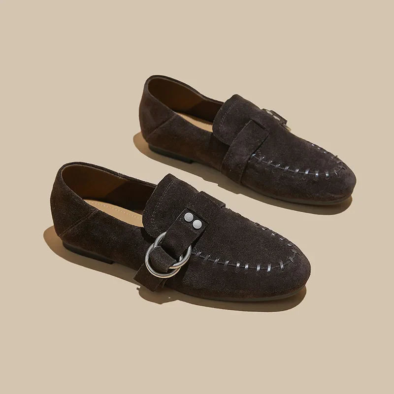 Genuine Leather Flats Metal Buckle-Decorated Suede Loafers Light Comfortable Cow Suede Shoes