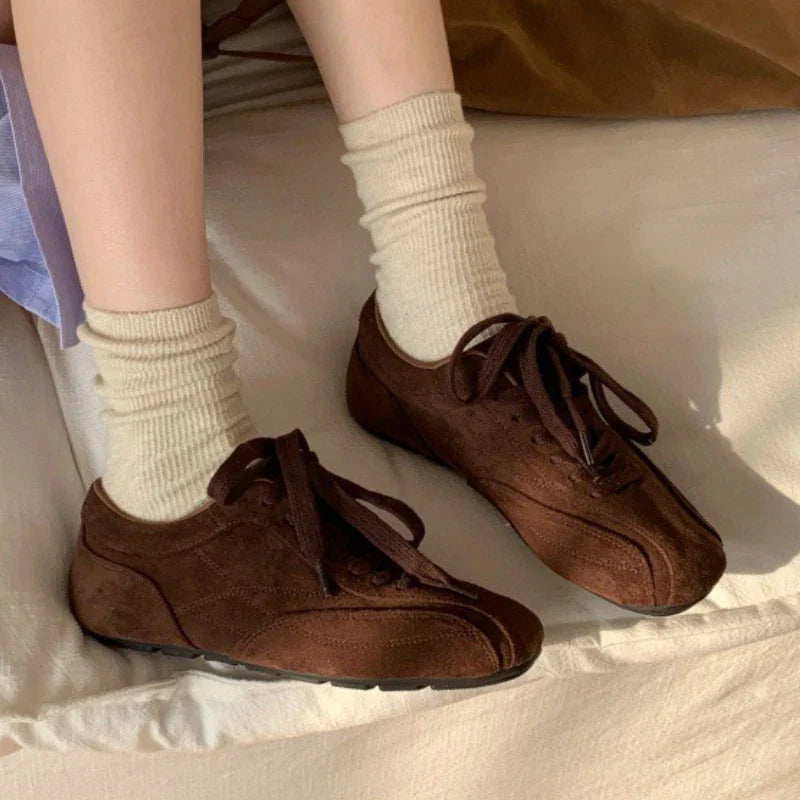 Suede Retro Lace Up Casual Flat Shoes Comfort Shallow Footwear Brown Brand Ballet Sneakers