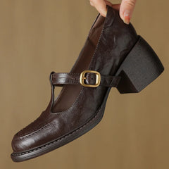 sheepskin chunky heel round toe t-strap slip-on pumps British style retro med heeled shoes