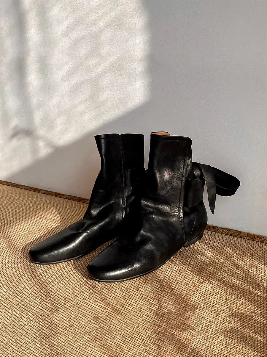 Genuine Leather Butterfly Knot Wrapped Strap Short Ankle Boots Polished Color Distressed Flat Bottomed Bare Shoes