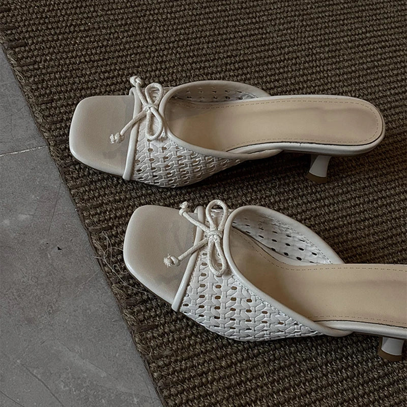 Butterfly-knot Woman Slippers High Heel Slides Concise Party Dress Shoes