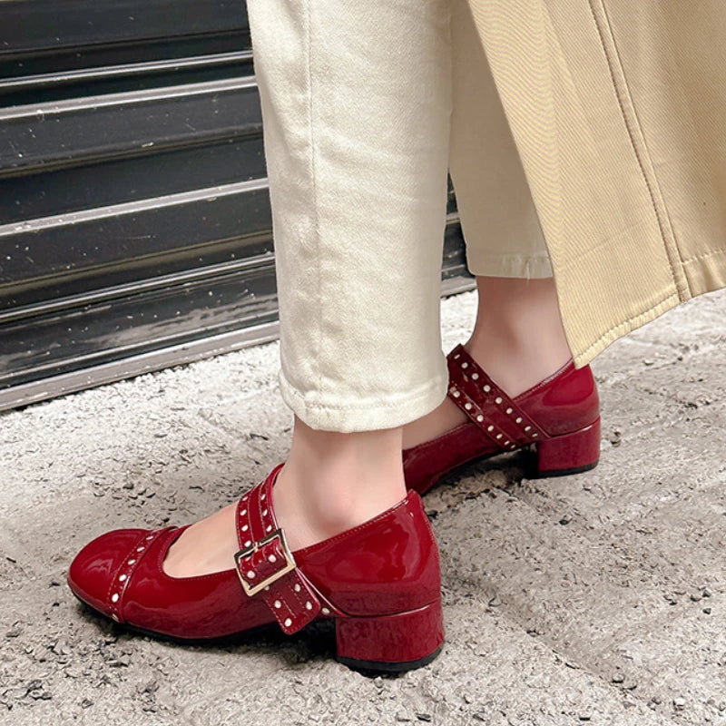 Sweet Patent Leather Buckle Strap Mary Jane Shoes Round Toe Dress Pumps Shoes Brand High Heels