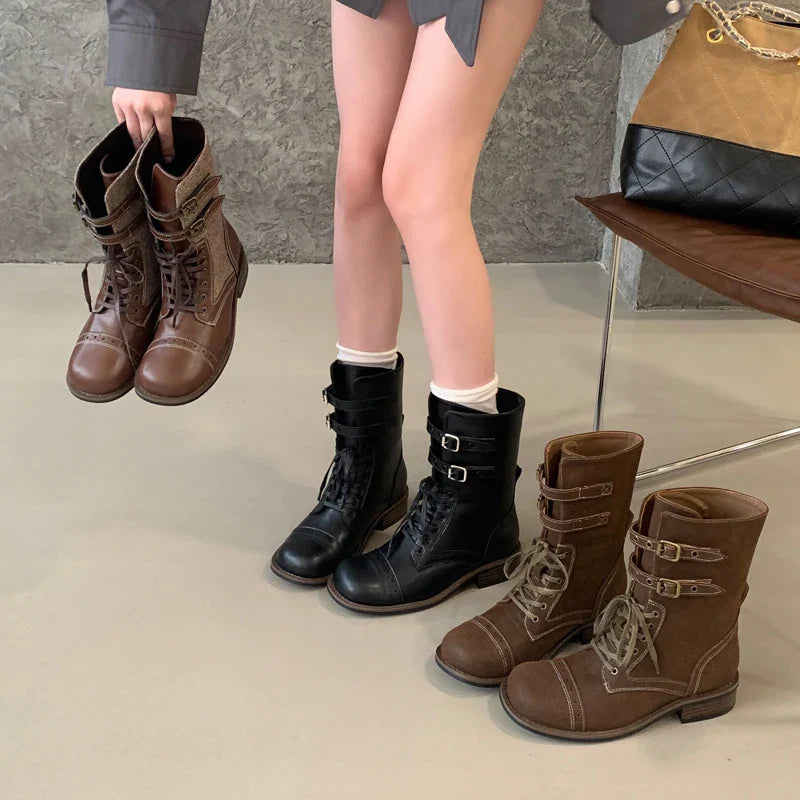 Design Narrow Band Lace-up Knee-High Boots Vintage Round Toe Square Low Heels Shoes