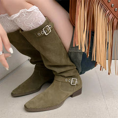 plus size 34-42 natural suede leather flats western boots double metal buckle casual long boots shoes