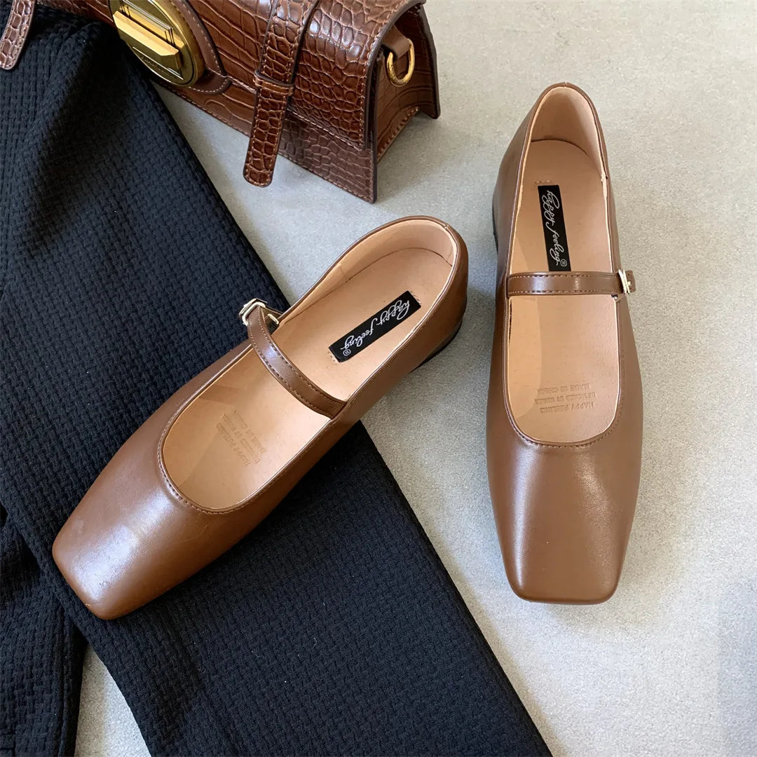 Flat mary janes shoes woman candy color soft leather ballet flats ankle strap comfy mocaasins