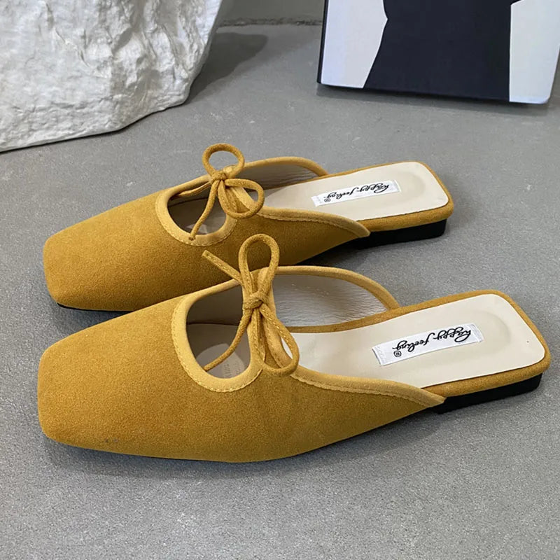 Flat Slipper Square Toe Slip On Mules Shoes Soft Flat Heel Outdoor Dress Sandal Slides Woman