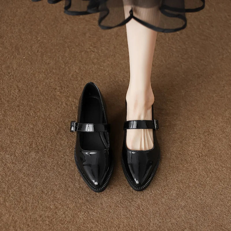 Patent Leather Buckle Strap Oxfords Woman Pointed Toe Shoes Low Heel Flats Mary Janes Lolita Derby Loafers Femme Sneakers