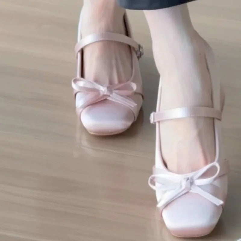 French Bow Thick Heel Single Buckle Mary Jane Shoes