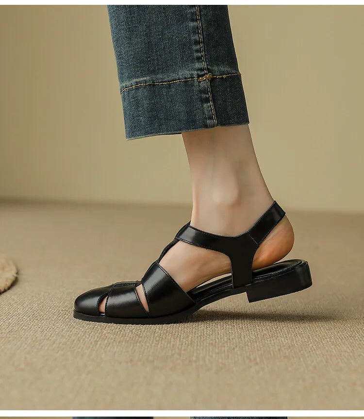 Sandals Low Thick Heel Genuine Leather Hook and Loop Back Strap Casual Sandals Solid Color Shoes