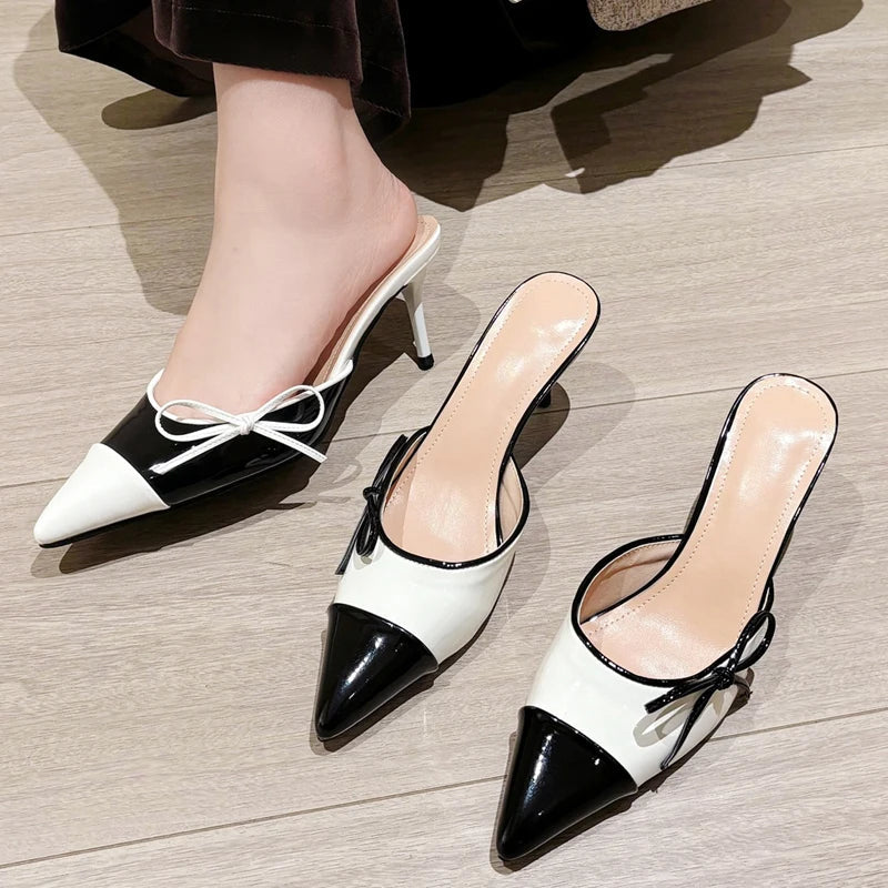 Butterfly-knot Pointed Toe Mule Slippers Elegant Thin Heels Party Dress