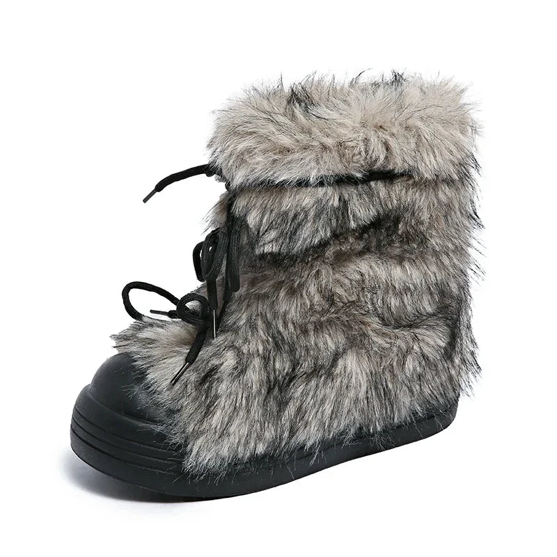 Furry Lace Up Snow Boots Concise Height Increase Shoes Thick Sole Warm Cotton Short Booties Zapatos De Muje