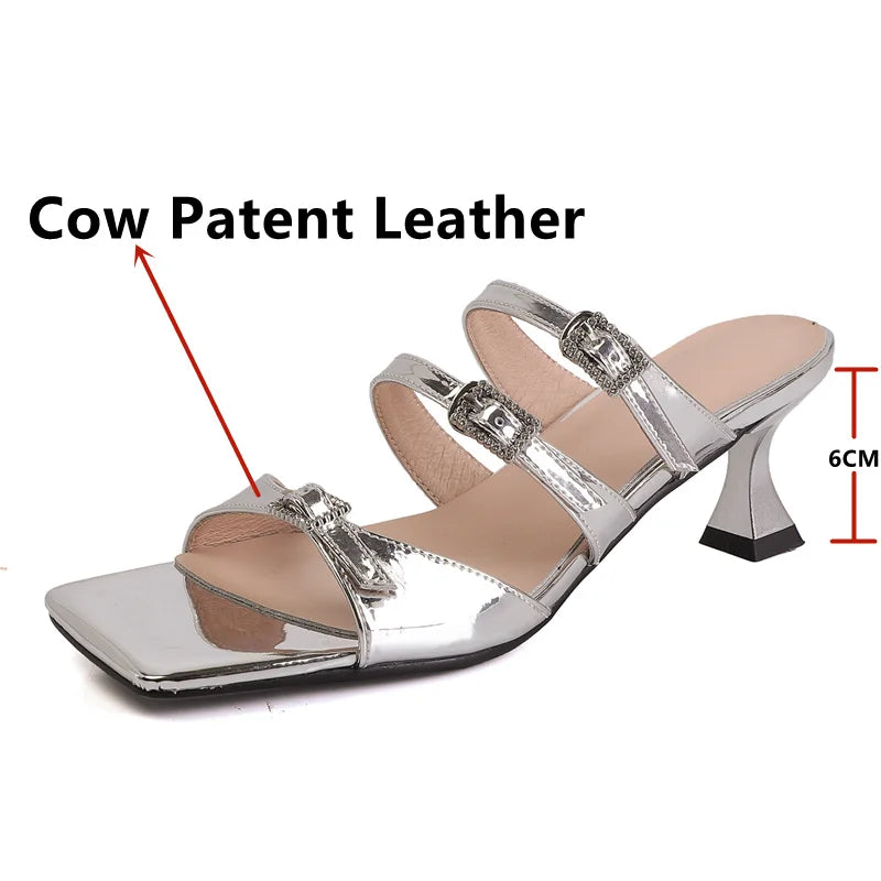 Design Slippers Buckles High Heels Sandals Party Office Genuine Leather Pumps Shoes Woman