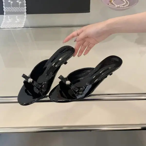 String Bead High-Heeled Shoes Ladys Slippers Outdoor Slides Pantofle Butterfly-Knot Low Rubber Flip Flops Hawaiian PU