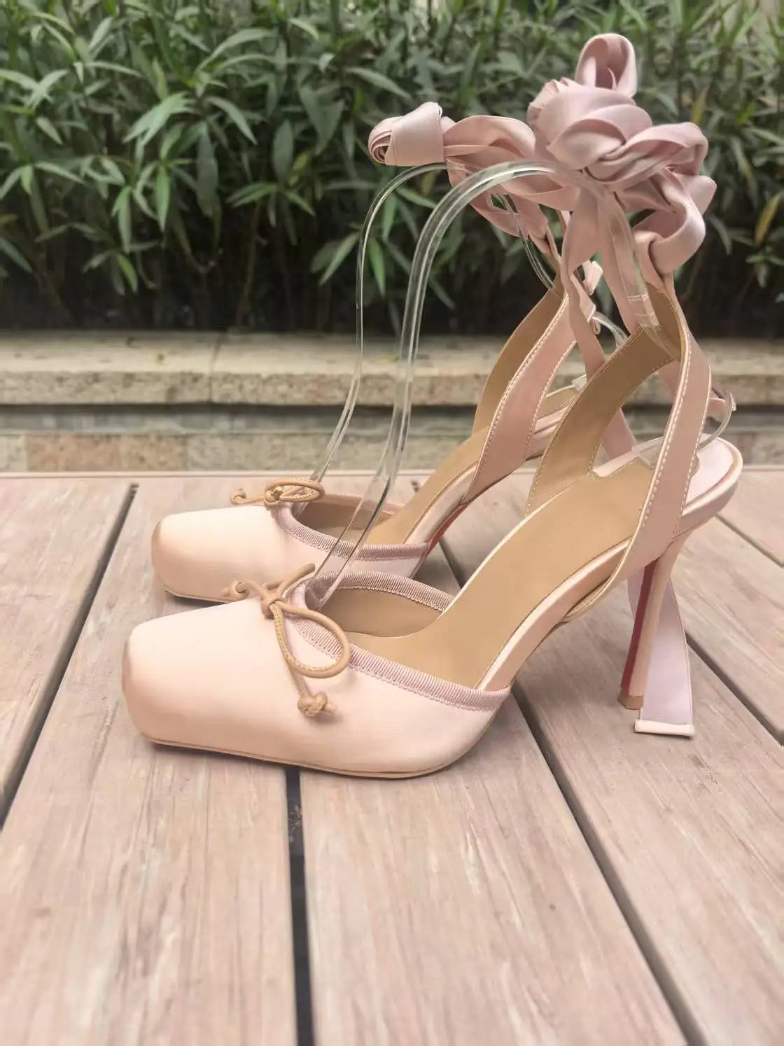 Pink Color Silk Satin Ankle Strap Lace-Up Ribbon Single Shoes Elegant Lady High Heels Dressing Party