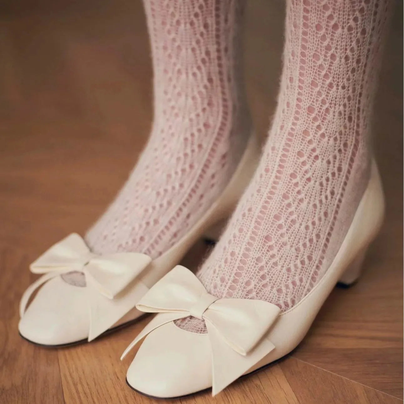 Round Toe Bow Decor Pumps Block Low Heels Slip On Hollow Sweet Dress Daily Party Elegant Design Sandals