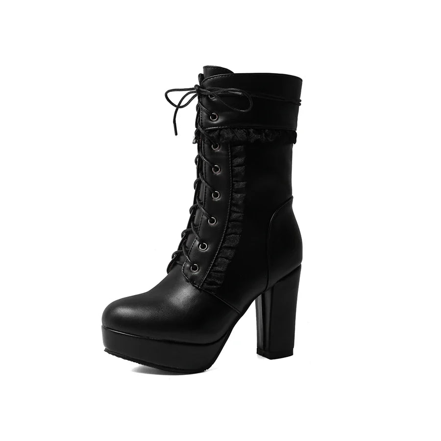 Ruffles Vintage Lolita Wedding Boots Chunky Block Square High Heels Lace Up Thick Platform Gothic Shoes Black White Pink