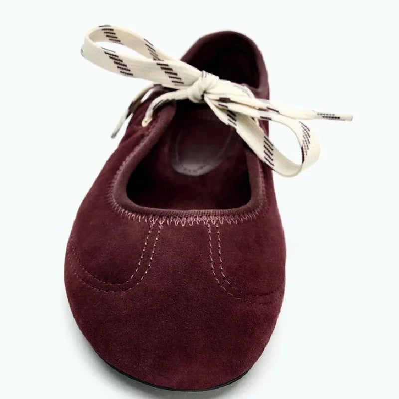 Suede Lace Up Ballet Flats High Quality Round Toe Mary Jane Shoes Comfortable Soft Sole Loafers