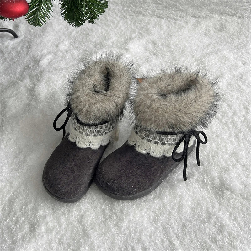 Sweet Lace Decoration Furry Suede Snow Boots Thick Bottom Fluffy Fur Ankle Boots Warm Plush Shoes