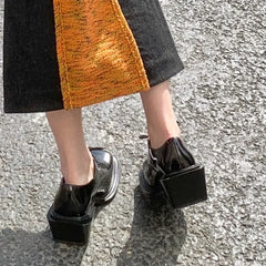 Square Toe Lace Up Japanese Style Thick Heel Heightening High Heels Personalized Patent Leather Solid Color Shoes