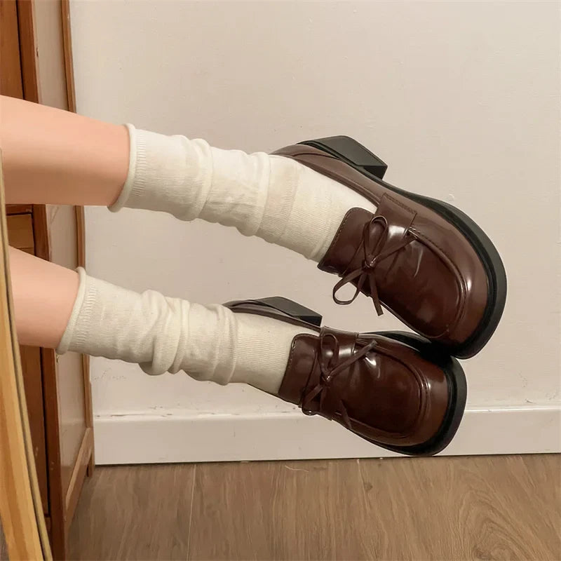 College Style Platform Loafers Shoes Shallow Slip On Shoes Elegant Thick Heel Leather Shoes