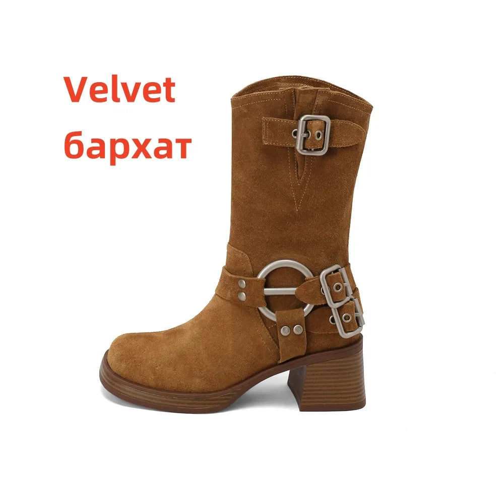 Cow Suede Leather Mid-calf Boots Thick High Heels Warm High Boots Motorcycle Boots Shoes