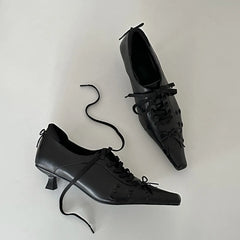 Retro Square Toe Lace Up Leather Pumps Temperament Niche Mid Heel Shoes Versatile Soft Shoes Comfortable