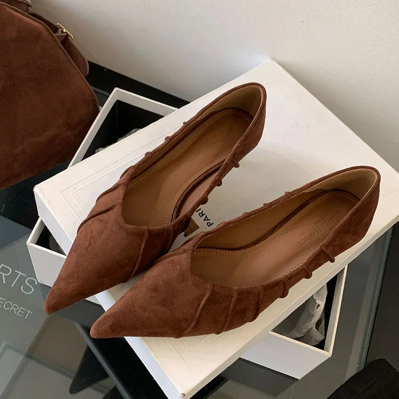 Brand Shoes Pleated Pointed Toe Shallow Slip On Boat Shoes Thin Low Heel Single Shoes